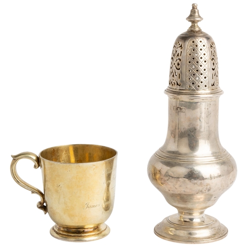 466 - A LARGE BALUSTER SUGAR CASTER, LONDON 1898 A George II style caster together with a heavy silver-gil... 