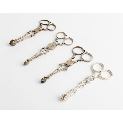 467 - FOUR PAIRS OF GEORGE III CAST SCISSOR SUGAR NIPS, LONDON C.1760 All with marks to the rings handles.... 