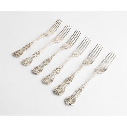 469 - SIX VICTORIAN QUEENS PATTERN TABLE FORKS, LONDON 1858 Five by George Adams 1868 and one by Savory 18... 