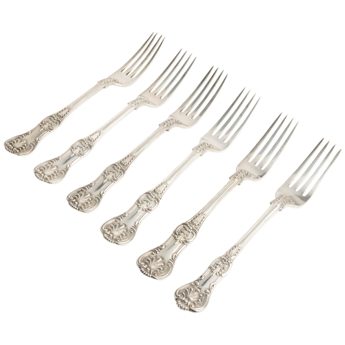 469 - SIX VICTORIAN QUEENS PATTERN TABLE FORKS, LONDON 1858 Five by George Adams 1868 and one by Savory 18... 