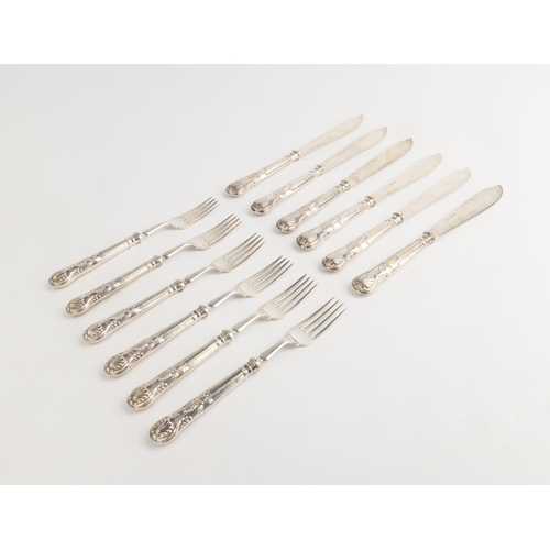 470 - SIX PAIRS OF GEORGE V FISH KNIVES AND FORKS, BIRMINGHAM 1921 With silver blades and tines, by Elking... 