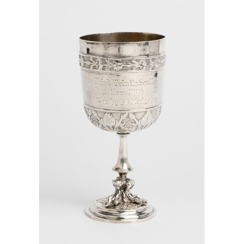 473 - A CAMBRIDGE UNIVERSITY ROWING PRIZE GOBLET, SHEFFIELD 1872 Cast decoration on a cast foot with three... 