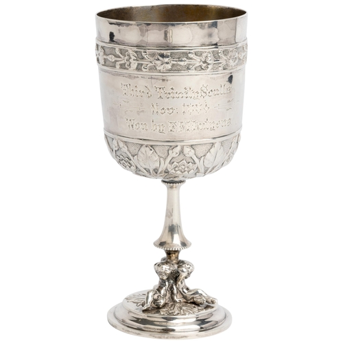 473 - A CAMBRIDGE UNIVERSITY ROWING PRIZE GOBLET, SHEFFIELD 1872 Cast decoration on a cast foot with three... 