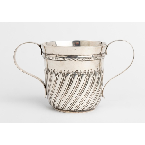 474 - A HALF FLUTED TWO HANDLE CUP, 174621 cm wide307 g.