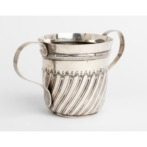 474 - A HALF FLUTED TWO HANDLE CUP, 174621 cm wide307 g.