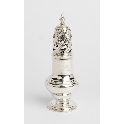 476 - A GEORGE II BALUSTER SUGAR CASTER, LONDON 1753 Engraved with crest.18 cm.212 g.... 