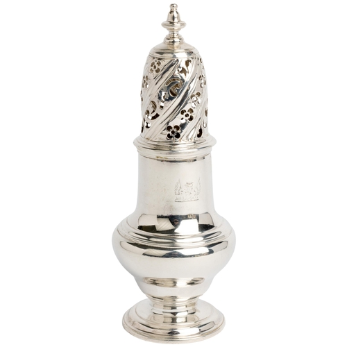 476 - A GEORGE II BALUSTER SUGAR CASTER, LONDON 1753 Engraved with crest.18 cm.212 g.... 