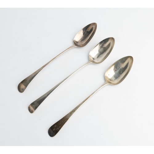 493 - THREE GEORGE III OLD ENGLISH PATTERN BASTING SPOONS All London, 1809, 1801 & 1801.29 cm.292 g.... 