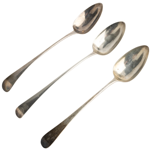 493 - THREE GEORGE III OLD ENGLISH PATTERN BASTING SPOONS All London, 1809, 1801 & 1801.29 cm.292 g.... 