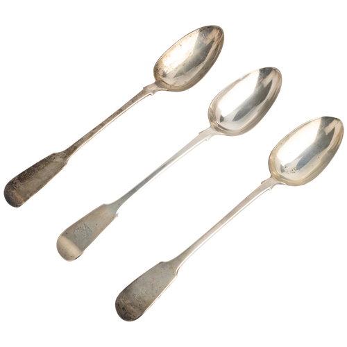 494 - THREE FIDDLE PATTERN BASTING SPOONS, LONDON 1834 & 184030 cm.378 g. total... 