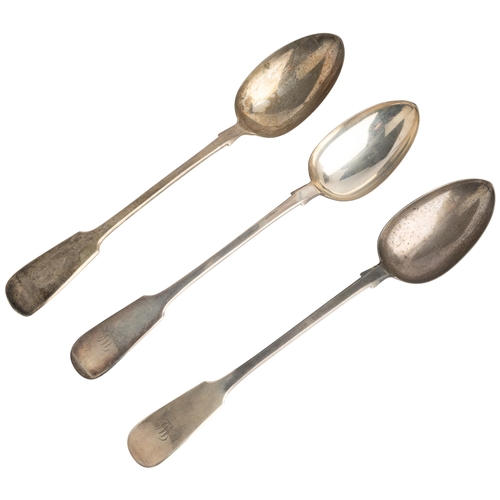 590 - A PAIR OF VICTORIAN FIDDLE PATTERN BASTING SPOONS, EDINBURGH 1846 Together with another fiddle patte... 