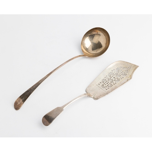 496 - A GEORGE III OLD ENGLISH PATTERN SOUP LADLE BY HESTER BATEMAN, LONDON 1806 Together with a fiddle pa... 