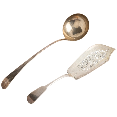 496 - A GEORGE III OLD ENGLISH PATTERN SOUP LADLE BY HESTER BATEMAN, LONDON 1806 Together with a fiddle pa... 