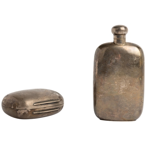 498 - A GEORGE V HIP FLASK, BIRMINGHAM 1920 Together with a plain oblong gilt liner soap box, London 18581... 