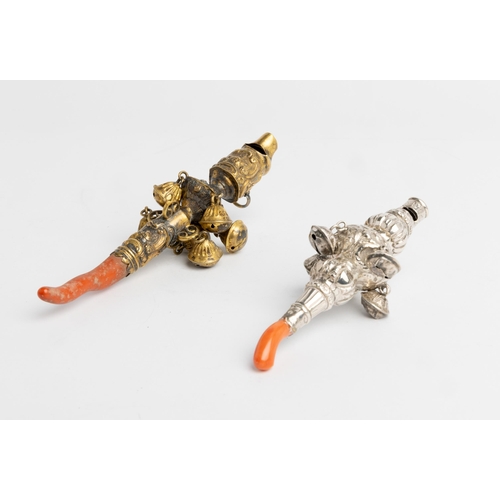 501 - A GEORGE III SILVER-GILT RATTLE WITH INSET CORAL, LONDON C.1760 Together with another silver example... 