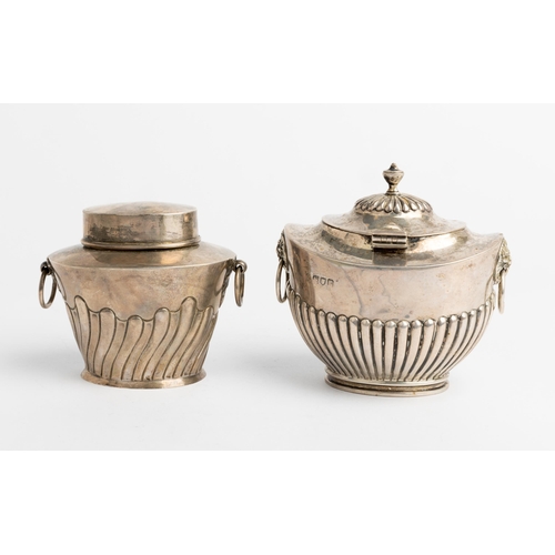 510 - A HALF FLUTED TEA CADDY WITH RING HANDLES, LONDON 1912 Together with another half fluted caddy with ... 