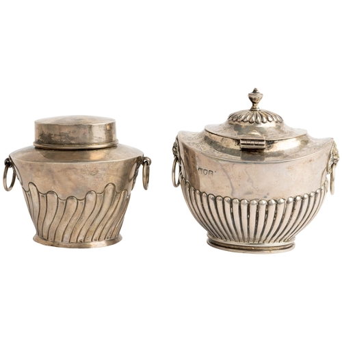 510 - A HALF FLUTED TEA CADDY WITH RING HANDLES, LONDON 1912 Together with another half fluted caddy with ... 