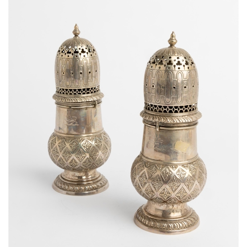 366 - A PAIR OF LARGE BALUSTER SHAPE SUGAR CASTERS, PROBABLY GERMAN C.188022.5 cm798 g.... 