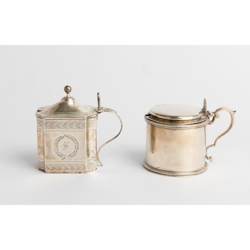 529 - A BEAD EDGE DRUM MUSTARD POT, LONDON 1878 Together with another oblong mustard pot with engraved dec... 