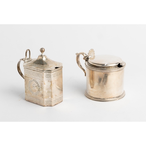 529 - A BEAD EDGE DRUM MUSTARD POT, LONDON 1878 Together with another oblong mustard pot with engraved dec... 