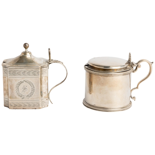 529 - A BEAD EDGE DRUM MUSTARD POT, LONDON 1878 Together with another oblong mustard pot with engraved dec... 