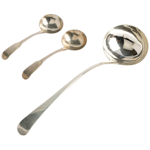 542 - AN OLD ENGLISH PATTERN SOUP LADLE, LONDON 1799 Together with a pair of Fiddle pattern sauce ladles, ... 