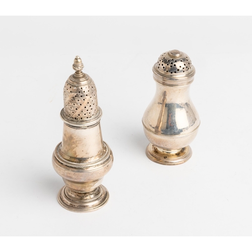 554 - A DOME TOP GEORGE II PEPPER POT, LONDON 1727 Together with a baluster shape caster, London 176310 cm... 