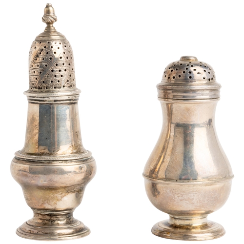 554 - A DOME TOP GEORGE II PEPPER POT, LONDON 1727 Together with a baluster shape caster, London 176310 cm... 