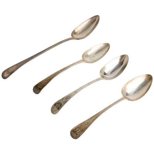 557 - A BRIGHT CUT BASTING SPOON, LONDON 1795 Together with 3 bright cut table spoons 1793-1800.29.6 cm.28... 