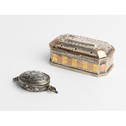 372 - A PRAYER BOX WITH NIELLO DECORATION, OTTOMAN C.1860 Together with a South Asian Cricket box.7.5 cm. ... 