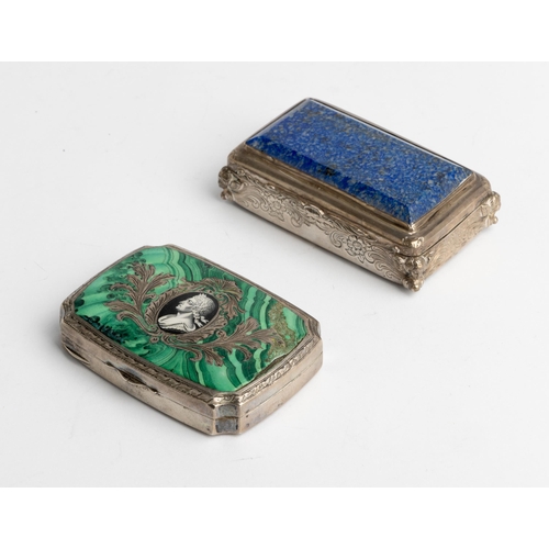 373 - A HARD STONE MOUNTED TABLE SNUFF BOX, GERMAN C.1870 Together with an enamelled example with a portra... 