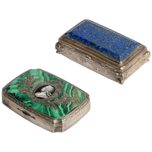 373 - A HARD STONE MOUNTED TABLE SNUFF BOX, GERMAN C.1870 Together with an enamelled example with a portra... 