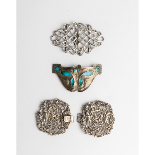 567 - AN HAND HAMMERED ENAMEL ART NOUVEAU BELT BUCKLE, BIRMINGHAM 1904 Together with two other examples127... 