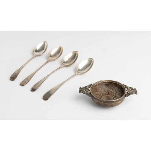 592 - FOUR OLD ENGLISH THREAD DESSERT SPOONS BY ROBERT KEAY, PERTH C.1790 Together with a silver mounted w... 