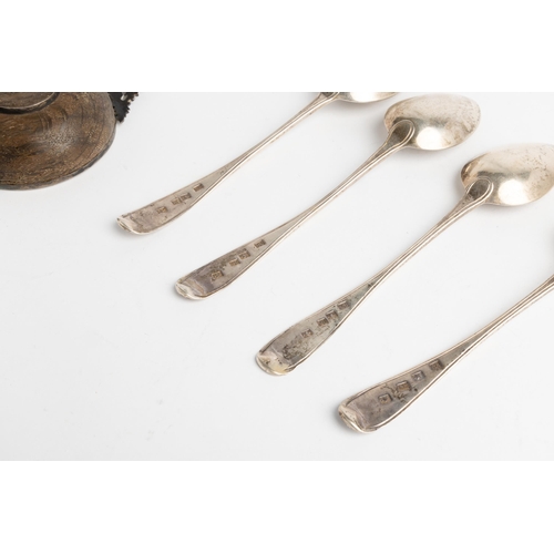 592 - FOUR OLD ENGLISH THREAD DESSERT SPOONS BY ROBERT KEAY, PERTH C.1790 Together with a silver mounted w... 