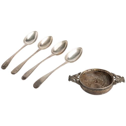 592 - FOUR OLD ENGLISH THREAD DESSERT SPOONS BY ROBERT KEAY, PERTH C.1790 Together with a silver mounted w... 