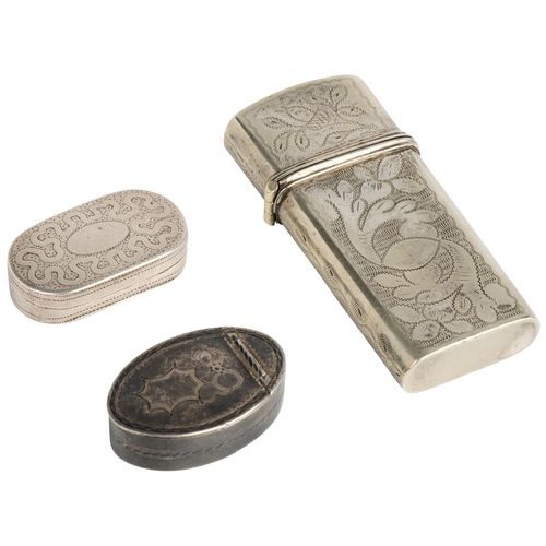 579 - A WILLIAM IV COMPLETE LANCET CASE WITH ENGRAVED DECORATION Together with a navette shaped patch box ... 