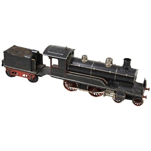 1500 - MARKLIN GAUGE 1 4.4.0 CLOCKWORK LOCOMOTIVE AND TENDER IN BLACK LIVERY. Heavily play-worn condition a... 