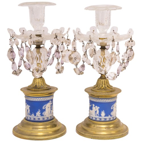 1198 - A PAIR OF JASPER, GILT METAL AND CUT GLASS CANDLEHOLDERS18th century, 30cms high