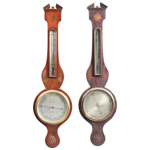 1442 - A GROUP OF FIVE MAHOGANY AND INLAID WHEEL BAROMETERS19TH CENTURYvarious makers98cm - 100cm approx.... 