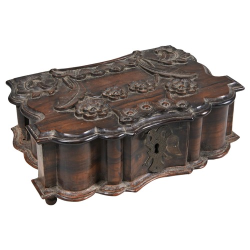 2232 - AN INDO-DUTCH CARVED HARDWOOD BOX18TH CENTURYwith a void interior 31cm wide