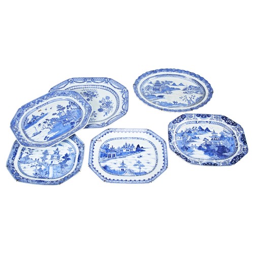 2090 - A GROUP OF SIX CHINESE BLUE AND WHITE EXPORT MEAT DISHESQING DYNASTY, 18TH CENTURYlargest 51cm wide,... 