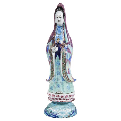 2096 - A LARGE CHINESE FAMILLE ROSE FIGURE OF GUANYINQING DYNASTY, 18TH CENTURYin two parts 47cm high... 