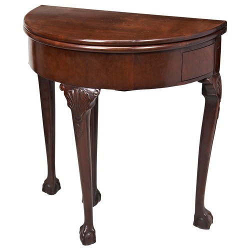 1615 - A GEORGE II MAHOGANY DEMI LUNE TEA TABLE CIRCA 1755 with two oppossing lateral frieze drawers with s... 