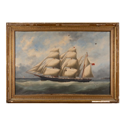 89 - NAIVE PICTURE OF SHIP IN FULL SAIL. OIL ON CANVAS (SOME DAMAGE)61cm x 90cm