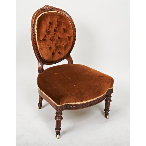 1550 - A VICTORIAN MAHOGANY AND NEEDLEPOINT LOW CHAIR CIRCA 1860 AND ANOTHER UPHOLSTERED VICTORIAN BUTTON B... 