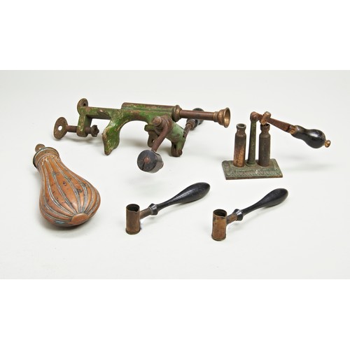 716 - A CARTRIDGE PACKER, A BULLET CAPPER, A COPPER POWDER FLASK AND A POWDER MEASURE;