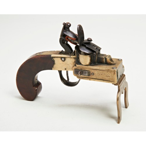 759 - AN 18TH CENTURY TINDER PISTOL with brass boxlock action, signed Williams, with oval frizzen pan, lac... 