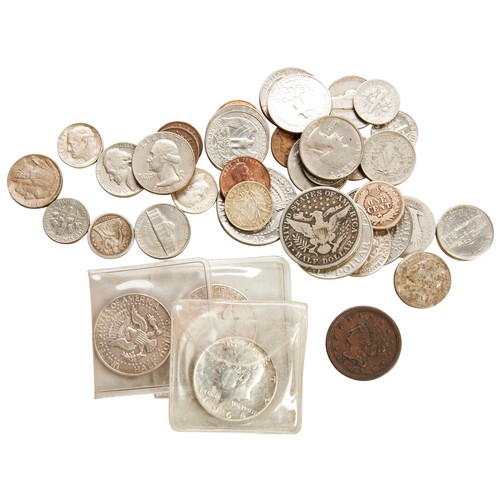 319 - A 1964 KENNEDY ‘SILVER’ HALF DOLLAR, TWO OTHERS, an 1851 I Cent and other assorted Ameri... 