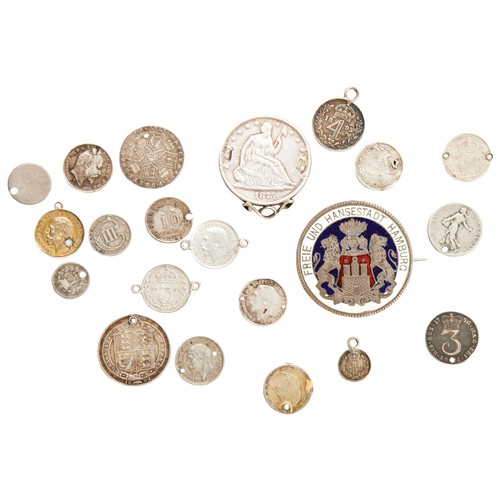 320 - AN 1878 USA HALF DOLLAR WITH SOLDERED LOOP, an enamelled German 5 Mark piece made into a brooch  and... 